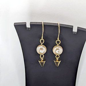 Gold Handmade Vintage Simulated Pearl and Spike Linear Bead Dangle Earrings